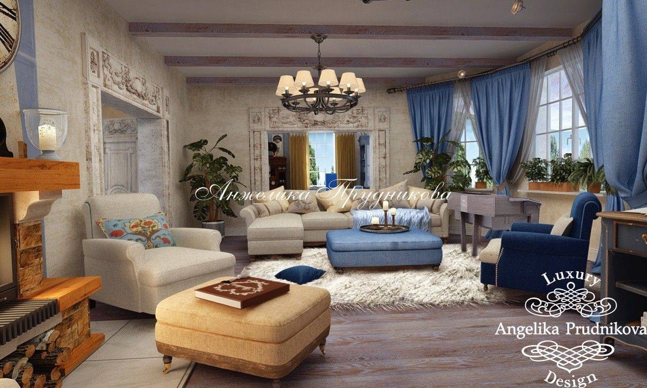 На фото: Стиль прованс в дизайні вітальні в заміському будинку В