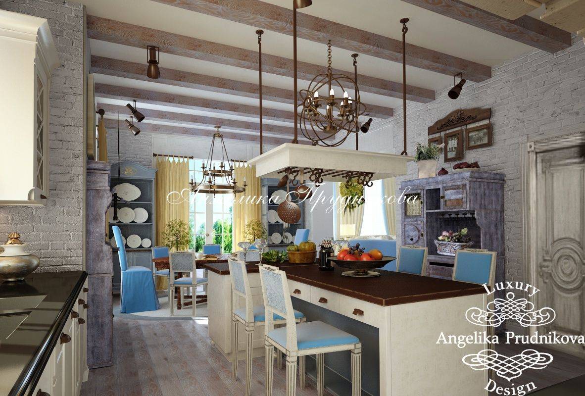 На фото: Стиль прованс в інтер'єрі кухні-їдальні з блакитними акцентами