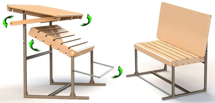 металева каркасна основа;   спинка, яка   трансформується в стільницю   ;   фіксуючий елемент для стільниці;   дерев'яне сидіння;   фіксатор для сидіння